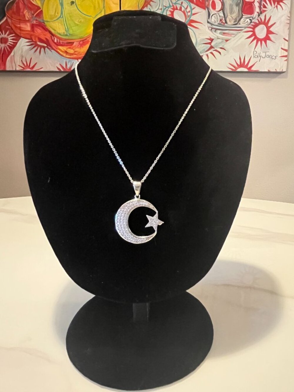 Sterling Silver Crescent Moon & Star Necklace + Box - Picture 6 of 8